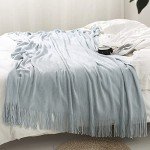 Light Blue Knitted Throw Blanket with Tassels