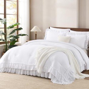 Fluffy White Queen Comforter Set with Ruffles