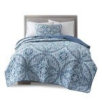 Reversible Twin Bed Quilt Set in Aqua Damask