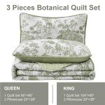 Sage Green Botanical Queen Quilt Set - 3 Pieces
