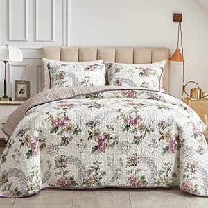 Beige Floral Reversible Quilt Set for Full/Queen
