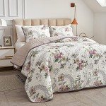 Beige Floral Reversible Quilt Set for Full/Queen
