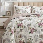 Beige Floral Reversible Quilt Set for Full/Queen