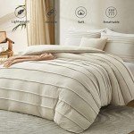 Beige Pleated Queen Duvet Cover Set, 3PCS