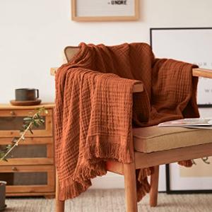 Rust Orange Cotton Muslin Throw Blanket with Tassels