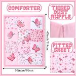Tudomro 3 Pieces Butterfly Nursery Crib Bedding Set for Girls, Standard Size Bedding Sets with Comforter Fitted Sheet Crib Skirt(Pink)