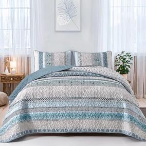 WONGS BEDDING Boho Quilt Set King Size, Blue Bohemian 3 Pieces Quilt Sets, Lightweight Bedspread Coverlet Bedding Set for All Season (104"x90")