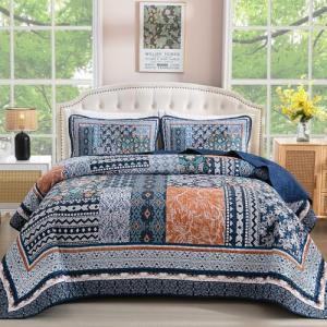 WONGS BEDDING Navy Blue Quilt Set Queen Size,Bohemian Patchwork Bedspread Coverlet Set, Reversible Farmhouse Floral Pattern Bedspreads Bedding Set for All Seasons (96"x90")