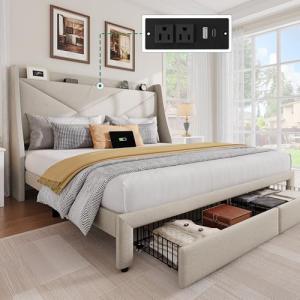 YITAHOME Storage Bed Frame, Queen Size Bed Frame with Type-C & USB Port and 2 Drawers, Upholstered Headboard Storage Shelf Platform Bed, No Box Spring Needed, Easy Assembly, Beige