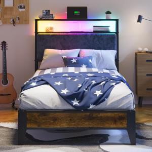 OLEVS Twin Bed Frame with LED Light Storage Headboard and Charging Station Type C, Metal Platform Bed Twin Size,No Box Spring Needed, Noise Free, Easy Assembly
