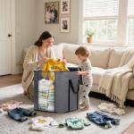 SLEEPING LAMB 120L Extra Large Blanket Storage Bags Breathable Clothes Storage Containers for King Comforter Bedding Pillow Sheet, Reinforced Handles, Grey