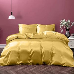 Cloud Fino Silk Satin Bed Linen Set, Queen, Deep Pocket, Gold, 4pcs Including Fitted Sheet & Duvet Cover