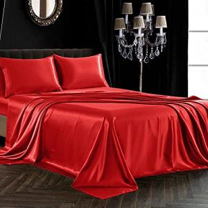 SiinvdaBZX 4Pcs Satin Sheet Set Full Size Ultra Silky Soft Red Orange Satin Full Bed Sheets with Deep Pocket, 1 Fitted Sheet, 1 Flat Sheet, 2 Envelope Closure Pillowcases
