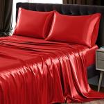 SiinvdaBZX 4Pcs Satin Sheet Set Full Size Ultra Silky Soft Red Orange Satin Full Bed Sheets with Deep Pocket, 1 Fitted Sheet, 1 Flat Sheet, 2 Envelope Closure Pillowcases