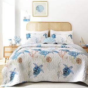 weigelia Coastal Quilt Set Queen Size - Sea Turtle Ocean Print Lightweight Soft Microfiber Summer Comforter with 2 Pillow Cases - Beach Bedding Coverlet Decor for All Seasons, Bedroom & Guest Room