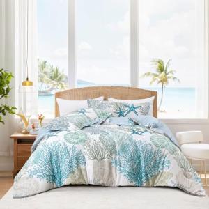 Tritard Coastal Comforter Set Queen Size 3 Piece, Soft Beach Themed Comforter, Ocean Nautical Lightweight Bedding Sets for All Seasons, (1 Reversible Comforter and 2 Pillow Shams), 90''x90'', C1