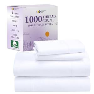 California Design Den King Size Sheets Set - Luxury 1000 Thread Count Sateen, Thick and Natural 100% Cotton Bed Sheets, Deep Pockets, Soft, Breathable and Durable Bedding Set - White