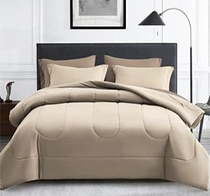 Maple&Stone Full Size Comforter Set 7 Pieces Bed in a Bag - Down Alternative Bed Set with Sheets, Pillowcases & Shams, Soft Reversible Duvet Insert, Beige