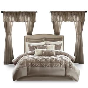 Madison Park Essentials Room in a Bag Faux Silk Comforter Set - Luxe Diamond Tufting All Season Bedding, Matching Curtains, Decorative Pillows, Taupe Queen(90"x90") 24 Piece