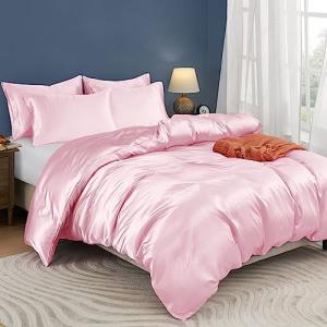 Horbaunal 5 Pieces Satin Duvet Cover Set Queen/Full Size Blush Pink Duvet Cover with Corner Ties & Zipper Closure, Luxury & Silky Bedding Set, 1 Duvet Cover and 4 Pillowcases (No Comforter)