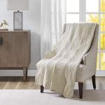 Madison Park Luxe Quilted Throw Blanket - Damask Stitching Design, Cotton Filled Spread, Ultra Soft, Cozy Bedding for Living Room Couch, Sofa, Bed, 60x72", Scalloped Borders Cream