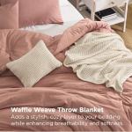 Bedsure 5 PCS Cotton Comforter Set with Waffle Throw Blanket - Soft Breathable Bedding Set for All Seasons, Pink Clay Comforter Full Size, Pillow Shams, White 100% Cotton Blanket, Throw Pillow