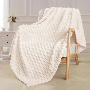 Exclusivo Mezcla Extra Large Soft Fleece Throw Blanket, 50x70 Inches Stylish Jacquard Throw Blanket for Couch, Fuzzy Cozy Lightweight for All Season, Ivory