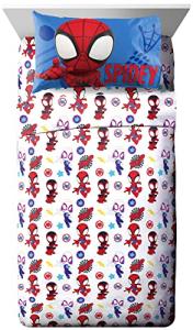 Jay Franco Kids Sheet Set with Fitted, Flat Sheets & Pillow Cover - Ultra-Soft Bedding with Pillowcase for Room Decor, White - Spidey & Friends, 3 Piece Toddler