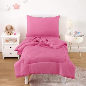 Wake In Cloud - Toddler Bedding Set for Boys Girls, 4 Pieces Soft Crib Bed Set Including Comforter, Sheets and Pillowcase, Hot Pink