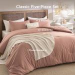 Bedsure 5 PCS Cotton Comforter Set with Waffle Throw Blanket - Soft Breathable Bedding Set for All Seasons, Pink Clay Comforter Full Size, Pillow Shams, White 100% Cotton Blanket, Throw Pillow