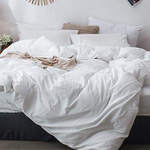 MooMee Bedding Duvet Cover Set 100% Washed Cotton Linen Like Textured Breathable Durable Soft Comfy (Solid Off White, Queen 90"x90")