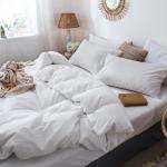 MooMee Bedding Duvet Cover Set 100% Washed Cotton Linen Like Textured Breathable Durable Soft Comfy (Solid Off White, Queen 90"x90")