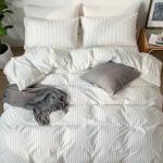 MooMee Striped Duvet Cover Set 100% Washed Cotton Linen Like Textured Breathable Durable Soft Comfy (White Dark Grey Wide Stripes, Queen 90"x90")