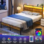 Liians Full Metal Bed Frame with USB Charging Station, Headboard Storage, LED Lights, Noise-Free Design, No Box Spring Needed