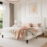 SHA CERLIN Queen Bed Frame/Velvet Upholstered Platform Bed Frame with Headboard/Strong Wood Slats Support/Mattress Foundation/No Box Spring Needed/Easy Assembly/White