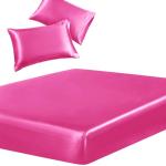 SiinvdaBZX 3-Piece Set Satin Twin XL Fitted Sheet & 2 Pillowcase, Hot Pink Silky Soft Fitted Bottom Sheet Twin Extra Long Bed Sheets, Wrinkle Free, Fade Resistant (Deep Up to 15")