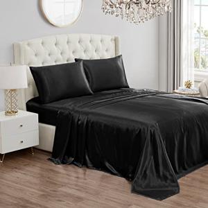 Juicy Couture Full Size Satin Bed Sheet Set, Deep Pocket Silky Full Sheet Set with 1 Fitted Sheet, 1 Flat Sheet and 2 Pillow Case, Wrinkle Resistant and Anti Pilling Bed Sheets - Black