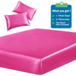 SiinvdaBZX 3-Piece Set Satin Twin XL Fitted Sheet & 2 Pillowcase, Hot Pink Silky Soft Fitted Bottom Sheet Twin Extra Long Bed Sheets, Wrinkle Free, Fade Resistant (Deep Up to 15")