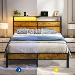 Liians Full Metal Bed Frame with USB Charging Station, Headboard Storage, LED Lights, Noise-Free Design, No Box Spring Needed