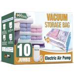 HIBAG Vacuum Storage Bags with Electric Pump, Vacuum Seal Space Saver Bags for Clothes, Clothing, Pillows, Blanket Bedding Comforters, Jumbo 10 pack