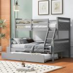 Merax Trundle Bunk Bed, Twin Over Full Wood Bunk Bed with Twin Size Trundle, Solid Wood Bunk Bed Frame with Guardrail and Ladder, Grey