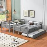 Merax Trundle Bunk Bed, Twin Over Full Wood Bunk Bed with Twin Size Trundle, Solid Wood Bunk Bed Frame with Guardrail and Ladder, Grey
