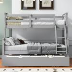 Merax Trundle Bunk Bed, Twin Over Full Wood Bunk Bed with Twin Size Trundle, Solid Wood Bunk Bed Frame with Guardrail and Ladder, Grey