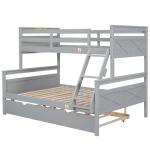 Merax Trundle Bunk Bed, Twin Over Full Wood Bunk Bed with Twin Size Trundle, Solid Wood Bunk Bed Frame with Guardrail and Ladder, Grey