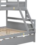 Merax Trundle Bunk Bed, Twin Over Full Wood Bunk Bed with Twin Size Trundle, Solid Wood Bunk Bed Frame with Guardrail and Ladder, Grey