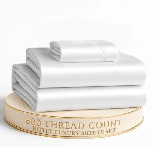600 TC 100% Mercerized Cotton White Twin Sheet Set - Soft & Cmofy Hotel Like Thick Cotton Bedding Sheets & Pillowcases, Sateen Weave Silky Finish Luxury White Bed Sheets Set