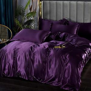 Satin Bedding Set Queen Deep Purple Silk Like Satin Duvet Cover Set Luxury Soft Comforter Cover Adults Bedroom Decor Chic Luxurious Silky Bedspread Cover Zipper (1 Duvet Cover + 2 Pillow Case)