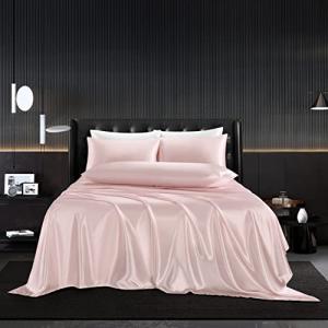 HommxJF 5Pcs Blush Pink Silk Sheets Full,Blush Pink Satin Sheets Set Full Size Silky Comforter Bedding Sheets with 1 Satin Flat Sheet,1Deep Pocket Fitted Sheet,3 Pillowcases with Envelope Closure