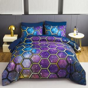 ZSYAYAHA 7 Pieces Kids Full Bedding Sets Boys Galaxy Comforter Set Blue Girls Space Bed Sets Geometric Hexagon Bed in A Bag Set for Girls Starry Room Decor(Space Blue Purple, Full)