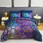 ZSYAYAHA 7 Pieces Kids Full Bedding Sets Boys Galaxy Comforter Set Blue Girls Space Bed Sets Geometric Hexagon Bed in A Bag Set for Girls Starry Room Decor(Space Blue Purple, Full)